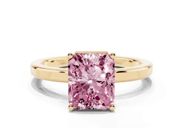 Fancy Pink Radiant Cut Cut Solitaire Engagement Ring with Four-Prong Setting on a Classic Band Yellow gold