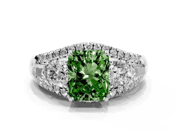 Fancy Green Three-Stone Radiant Cut Diamond Engagement Ring with Pave Band and Prong Setting Platinum