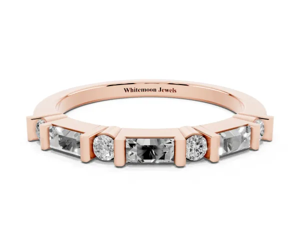 Baguette and Round Diamond Channel Set Half Eternity Band with Bar Prong Setting Rose gold