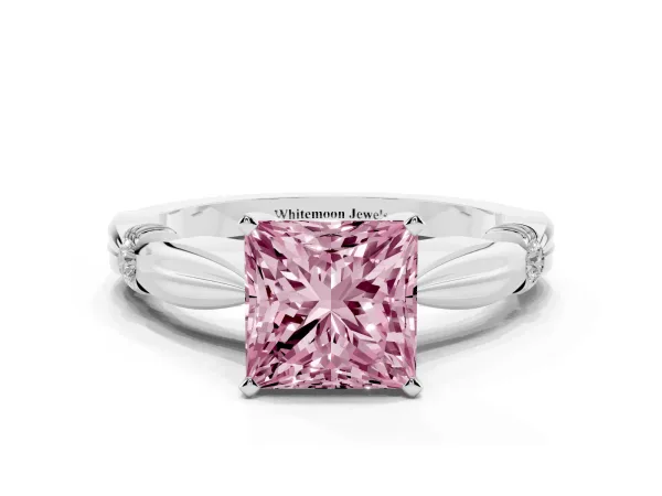 Fancy Pink Princess Cut Solitaire Diamond Twisted Band with Four-Prong Setting Platinum