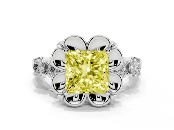 Fancy Yellow Princess Cut Cut Diamond Floral Halo Engagement Ring with Shared Prong Setting White gold