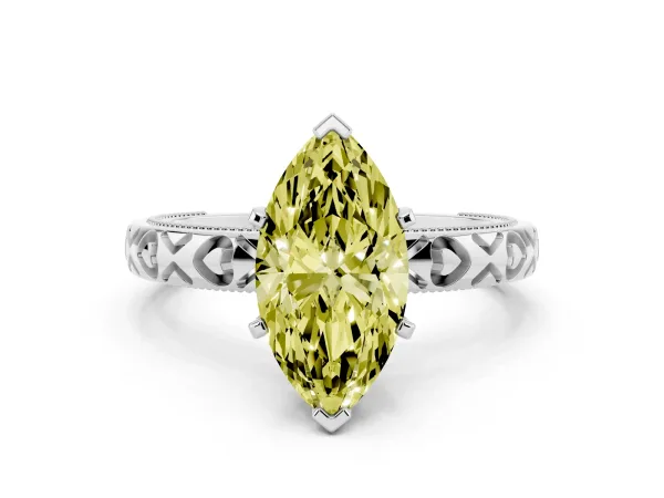 Fancy Yellow Marquise Cut Solitaire Diamond Engagement Ring with XO Engraved Band and Four-Prong Setting Platinum