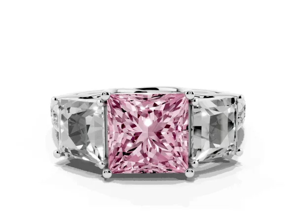 Fancy Pink Three-Stone Princess Cut Diamond Pavé Band with Prong Setting Platinum