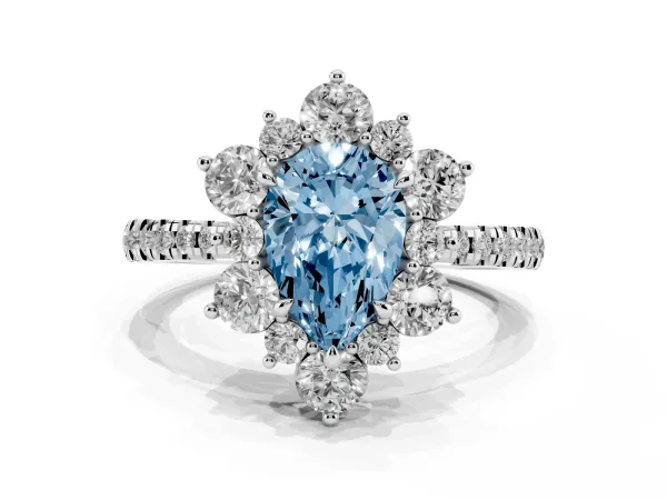 Fancy Blue Pear Cut Diamond Floral Halo Ring with Round Pavé Band and Prong Setting White gold