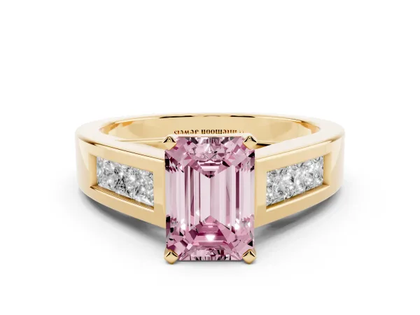Fancy Pink Emerald Cut Cut Channel Set Solitaire Ring with Four-Prong Setting Yellow gold