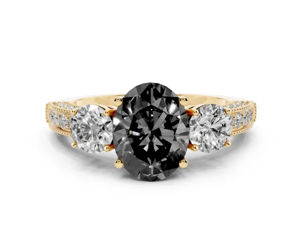 Fancy Black Oval Cut Three-Stone Diamond Ring with Pavé Band and Four-Prong Setting Yellow gold
