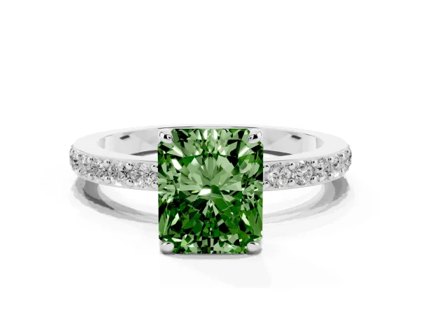 Fancy Green Radiant Cut Diamond Pavé Engagement Ring with Round Accents and Prong Setting White gold