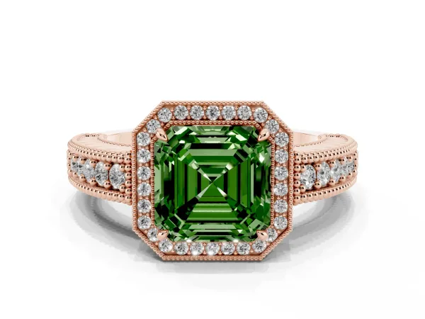 Fancy Green Asscher Cut Cut Halo Diamond Ring with Pavé Band and Four-Prong Setting Rose gold