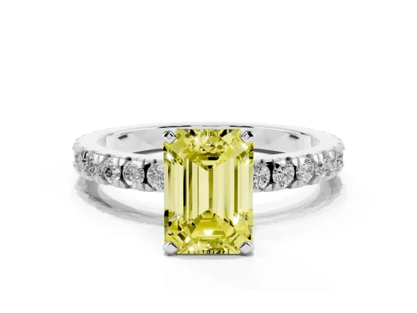 Fancy Yellow Emerald Cut Diamond Pavé Band Solitaire with Four-Prong Setting Platinum
