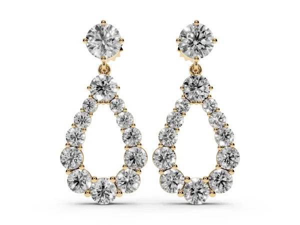Round Cut Diamond Graduated Shared Prong Drop Earrings Yellow gold