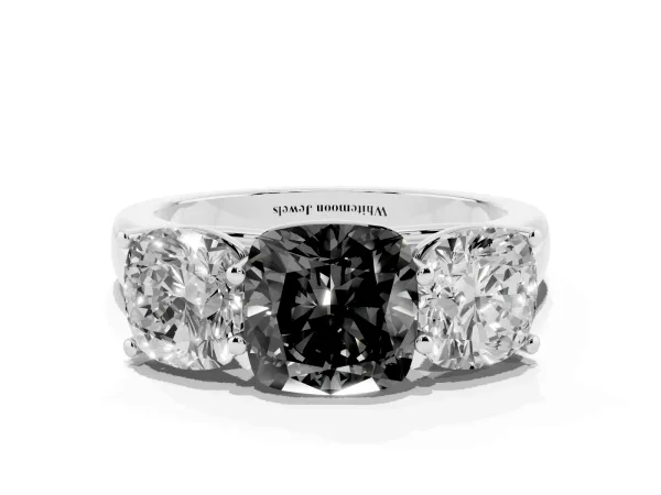 Fancy Black Cushion Cut Three-Stone Diamond Ring with Prong Setting on a Classic Band Platinum