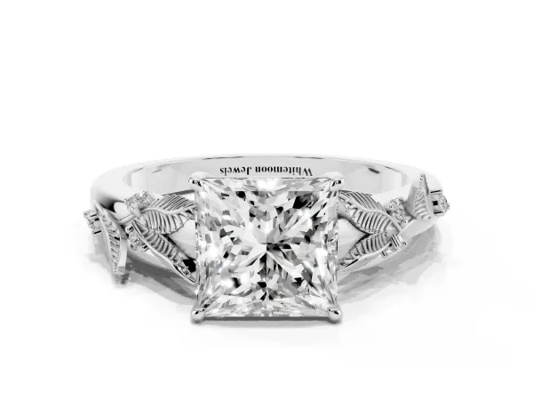 Princess Cut Diamond Solitaire Ring with Leaf Motif Band and Four-Prong Setting Platinum