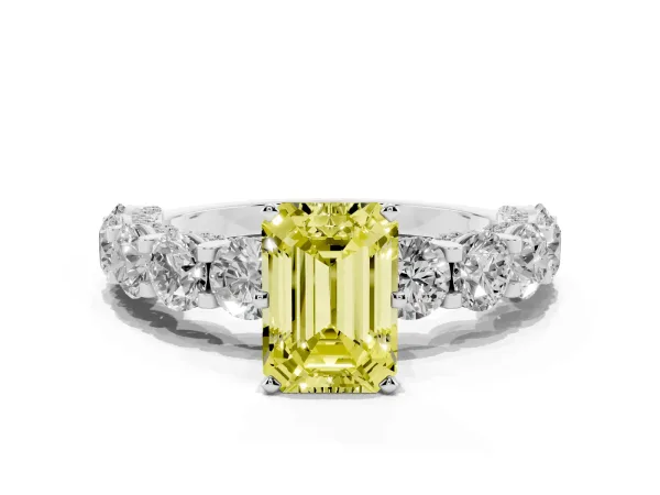 Fancy Yellow Emerald Cut Diamond Side Stone Engagement Ring with Four-Prong Setting Platinum