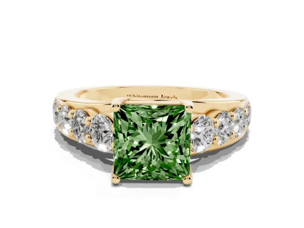 Fancy Green Princess Cut Diamond Engagement Ring with Pavé Band and Four-Prong Setting Yellow gold