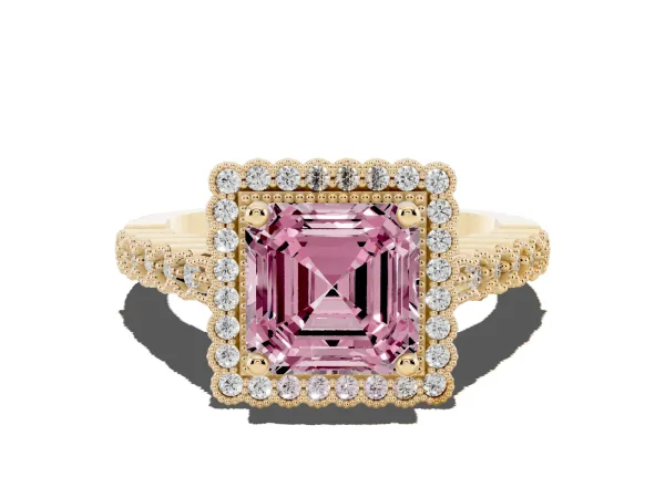 Fancy Pink Asscher Cut Cut Halo Pavé Solitaire Ring with Milgrain Band Yellow gold