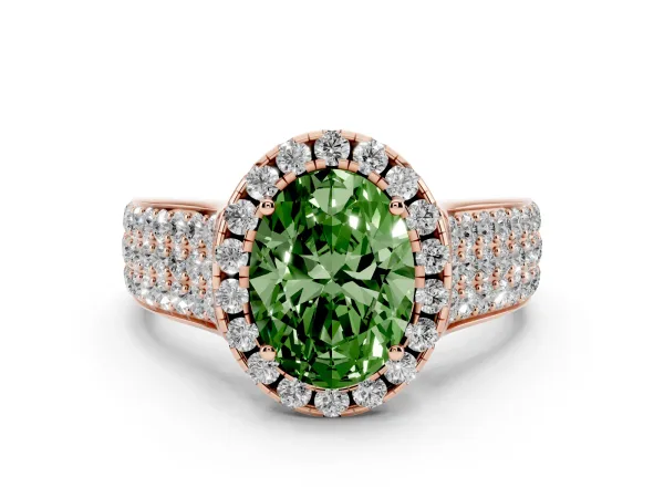 Fancy Green Oval Cut Halo Round Diamond Pave Band with Prong Setting Rose gold