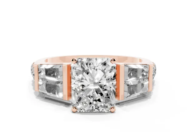 Radiant Cut Diamond Engagement Ring with Baguette Side Stones and Channel Set Band Rose gold