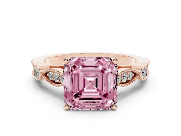 Fancy Pink Asscher Cut Cut Diamond with Milgrain Marquise and Bezel Accents on a Solitaire Band with Prong Setting Rose gold