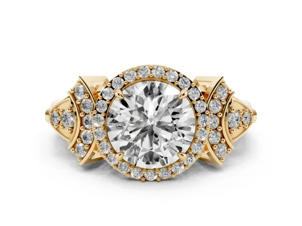 Round Cut Halo Diamond Split Shank Engagement Ring with Four-Prong Setting Yellow gold