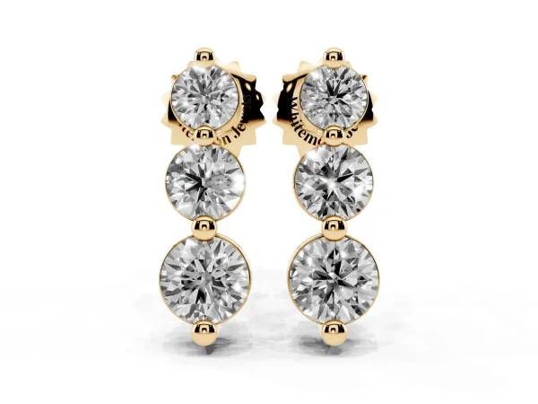 Three-Stone Round Diamond Drop Earrings with Prong Setting on White Gold Yellow gold