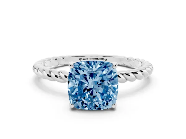 Fancy Blue Cushion Cut Solitaire Twisted Band 4-Prong Ring Platinum
