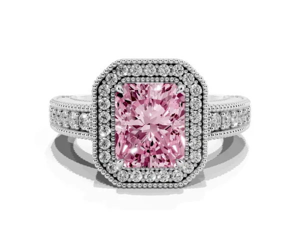 Fancy Pink Radiant Cut Cut Halo Diamond Ring with Pavé Band and Four-Prong Setting Platinum