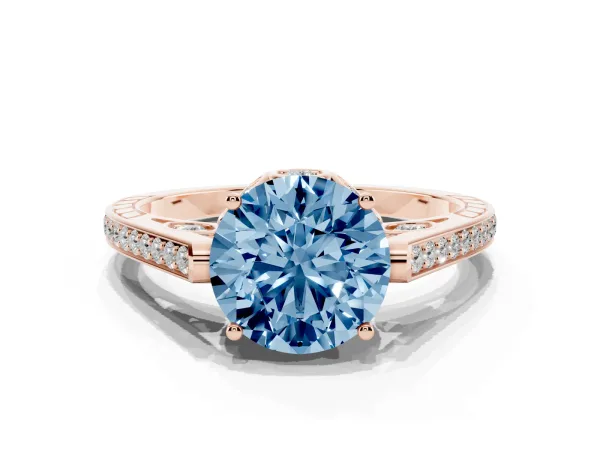 Fancy Blue Round Cut Cut Cathedral Pave Diamond Engagement Ring with Six-Prong Setting Rose gold