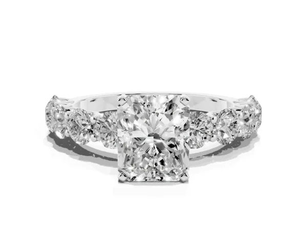 Radiant Cut Diamond Prong Setting with Side Stones on a Pave Band White gold