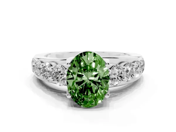 Fancy Green Oval Cut Diamond Engagement Ring with Pavé Band and Four-Prong Setting Platinum