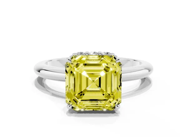 Fancy Yellow Asscher Cut Brilliant Solitaire Engagement Ring with Six-Prong Setting and Classic Band Platinum