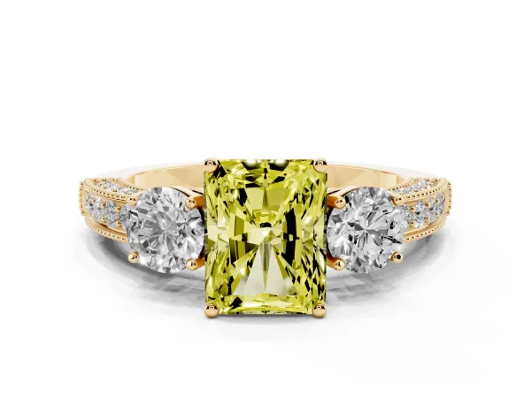 Fancy Yellow Radiant Cut Three-Stone Diamond Ring with Pavé Band and Four-Prong Setting Yellow gold