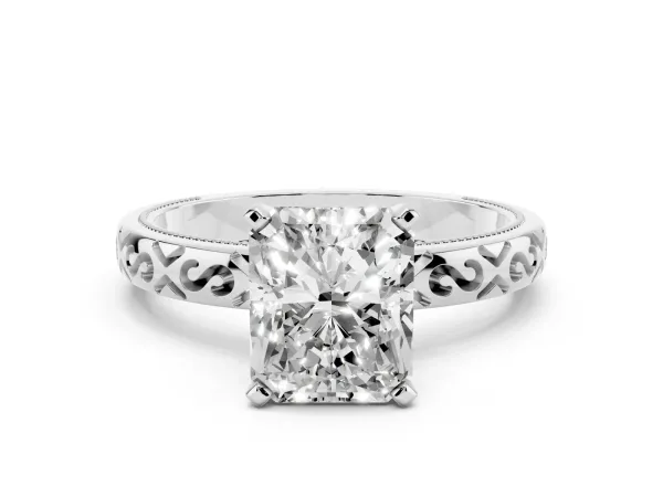 Radiant Cut Solitaire Engagement Ring with Scrollwork Band and Four-Prong Setting Platinum