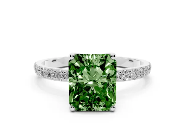 Fancy Green Radiant Cut Diamond Solitaire Engagement Ring with Round Pavé Band and Prong Setting Platinum