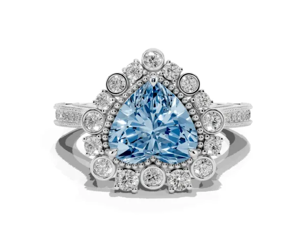 Fancy Blue Heart Cut Halo Milgrain Pave Diamond Ring with Four-Prong Setting Platinum