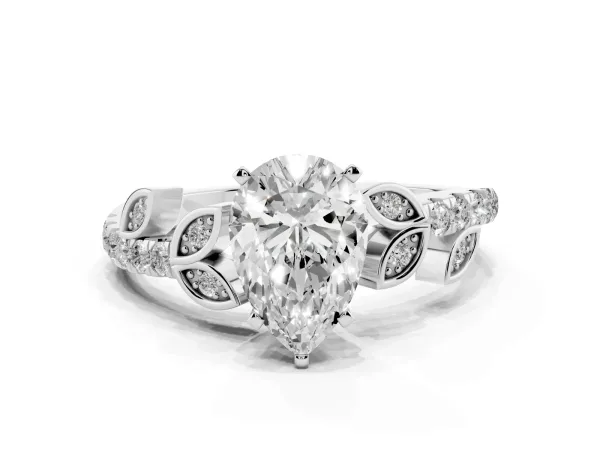 Pear Cut Solitaire Leaf-Inspired Diamond Ring with Pavé Band and Four-Prong Setting White gold