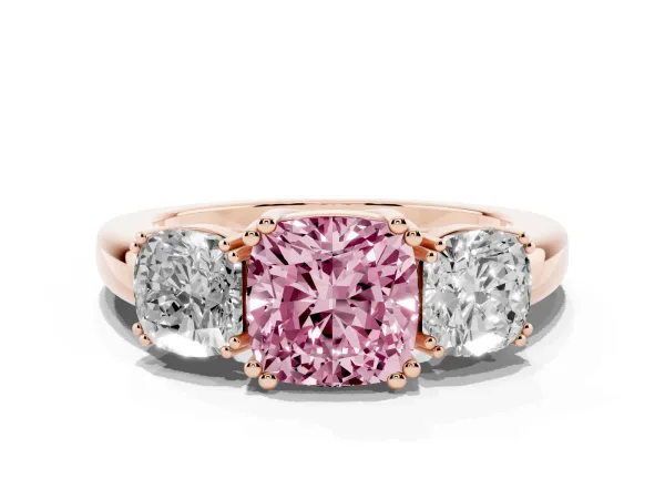 Fancy Pink Three-Stone Cushion Cut Cut Diamond Ring with Channel Set Band and Four-Prong Setting Rose gold