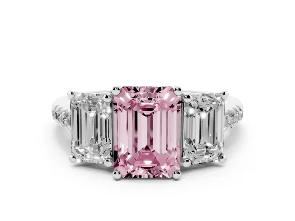 Fancy Pink Three-Stone Emerald Cut Diamond Ring with Round Pavé Band and Prong Setting White gold