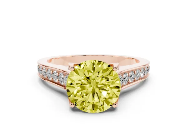 Fancy Yellow Round Cut Brilliant Cut Diamond Engagement Ring with Pavé Band and Four-Prong Setting Rose gold
