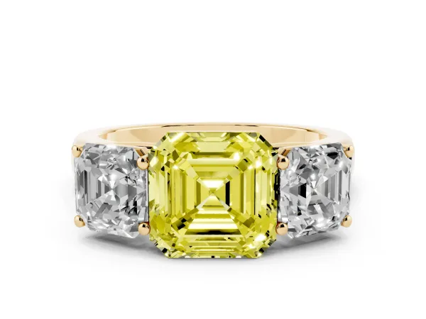 Fancy Yellow Asscher Cut Three-Stone Diamond Ring with Prong Setting on a Classic Band Yellow gold