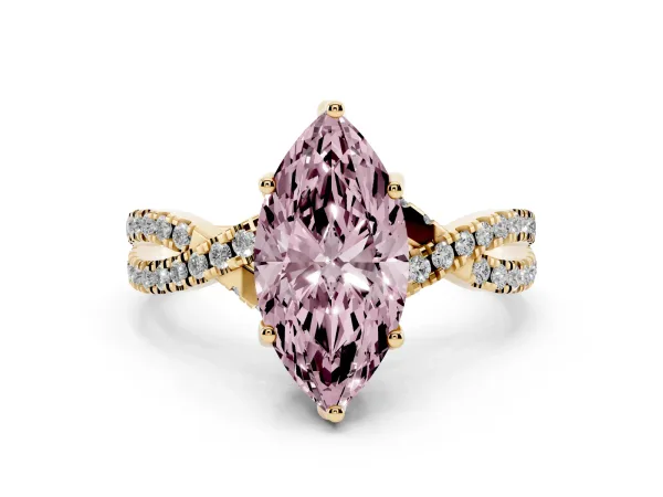 Fancy Pink Marquise Cut Solitaire Twist Pave Diamond Engagement Ring with Prong Setting Yellow gold