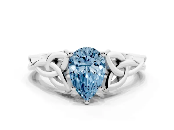 Fancy Blue Pear Cut Diamond Solitaire Engagement Ring with Celtic Knot Band and Four-Prong Setting White gold