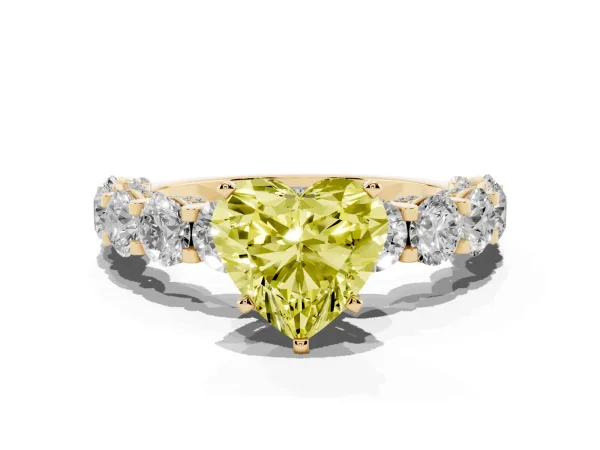 Fancy Yellow Heart Cut Diamond Side Stone Engagement Ring with Four-Prong Setting Yellow gold