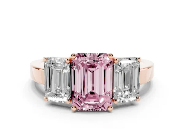 Fancy Pink Three-Stone Emerald Cut Cut Diamond Engagement Ring with Flat Band and Four-Prong Setting Rose gold