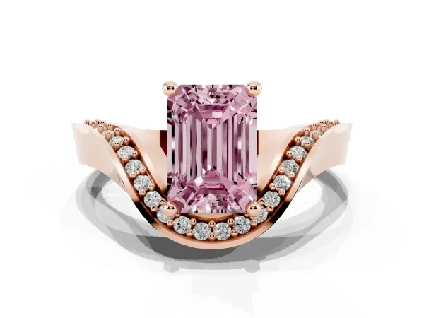 Fancy Pink Emerald Cut Solitaire Diamond Engagement Ring with Pave Band and Four-Prong Setting Rose gold