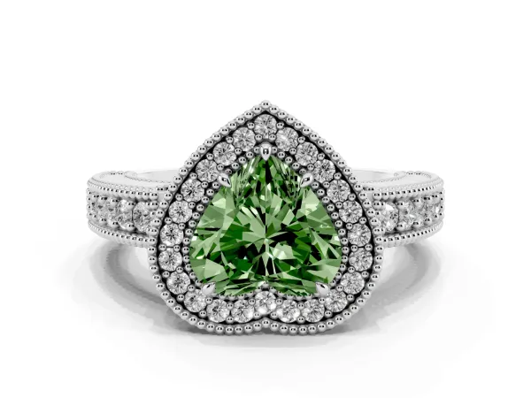 Fancy Green Heart Cut Cut Halo Diamond Ring with Pavé Band and Four-Prong Setting Platinum