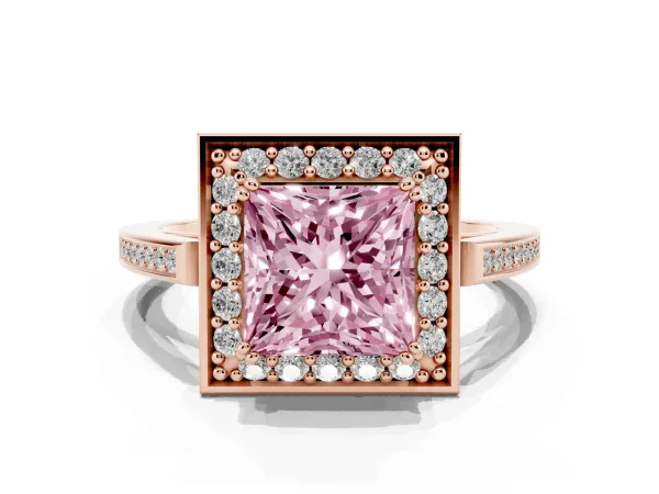 Fancy Pink Princess Cut Diamond Halo Ring with Split Shank and Four-Prong Setting Rose gold