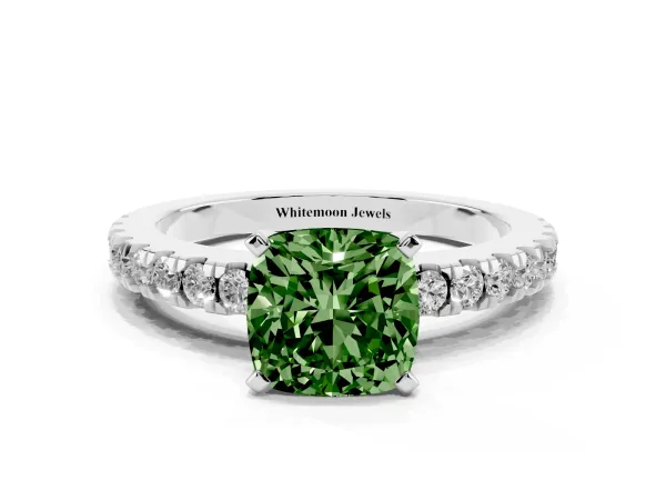 Fancy Green Cushion Cut Solitaire Diamond with Pavé Band and Four-Prong Setting White gold
