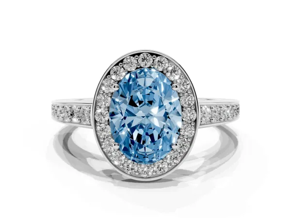 Fancy Blue Oval Cut Halo Pavé Diamond Engagement Ring with Bezel Setting White gold