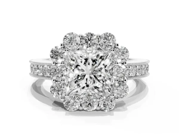 Princess Cut Cut Halo Diamond Pavé Engagement Ring with Milgrain Detailing Platinum