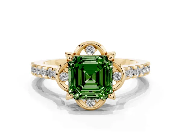 Fancy Green Asscher Cut Diamond Ring with Pavé Band and Floral Prong Setting Yellow gold